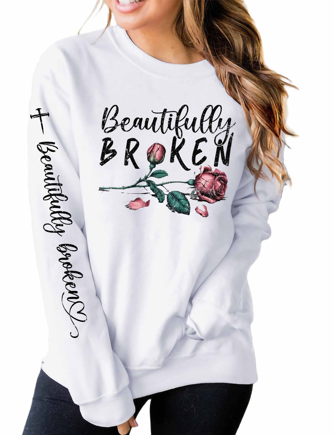 Beautifully Broken Distressed Rose White Crew
