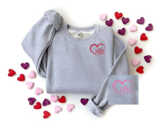 Valentines Day Embroidered Monogram Crew neck Gray